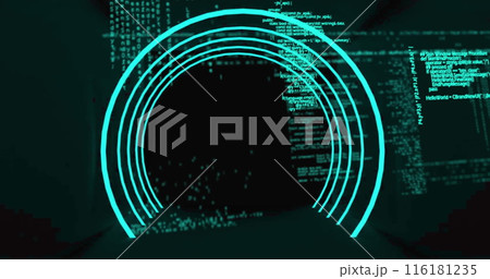 Image of qr code in illuminated circular tunnel over programming language 116181235