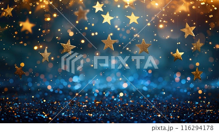 Shimmering golden stars fall against festive blue backdrop mesmerizing abstract background sparkle 116294178