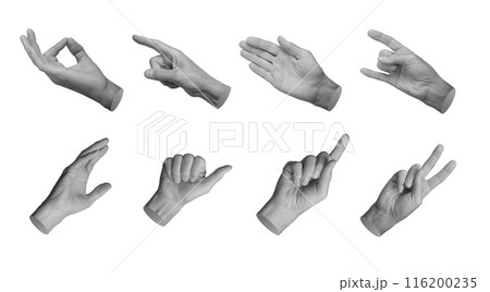 Different gestures set. Zen, pointing finger, palm, horns, reaching out, victory symbol, hand sign 116200235