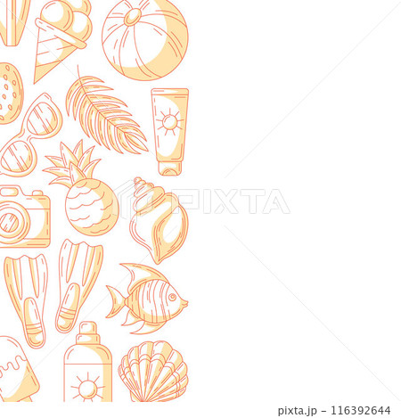 Summer minimalist square card, monochrome orange beach accessories icons. Left side border frame, space for text, isolated on white. For poster, flyer, banner, invitation, social media, party or sale 116392644