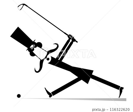 Cartoon man in the top hat plays golf.  Cartoon long mustache gentleman in the top hat holds a golf club and trying to do a good shot. Black and white illustration 116322620