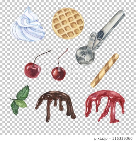 Ice cream design elements set including various flavors, cherries, waffle cones, wafer sticks, whipped cream, mint leaves and metal scoop, drizzles of chocolate and berry sirup. Watercolor clipart 116339360