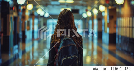 A Young Woman Walking Through A School Hallway 116641320