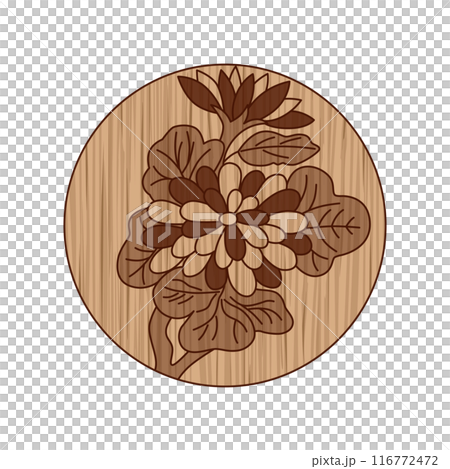 Wood carving style circular Hanafuda card - Nagatsuki, Chrysanthemum, September, Chrysanthemum casing 116772472