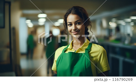 Portrait of a smiling young woman wearing a green apron 116790269