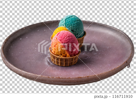 colorfull icecream on plate. isolated transparent background 116711910