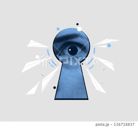 Female eye look out of keyhole vector illustration. Access and vision concept. Contemporary art collage, concept design. Gossip background 116718837