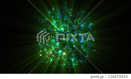 Abstract green glowing energy  sphere molecule nucleus atom round background with flying blurred dots bokeh particles 116878924