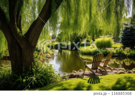 Two empty chairs near a pond, sunny summer day, concept of relaxation and tranquility 116885308