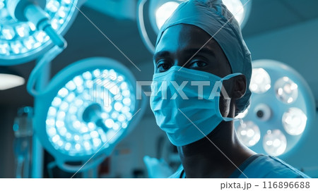 African American surgeon wearing a surgical mask and cap under bright operating room lights. Healthcare professional in a modern medical facility 116896688