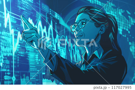 Woman analyzing financial data on a futuristic digital screen with graphs and charts in a high-tech environment. 117027995