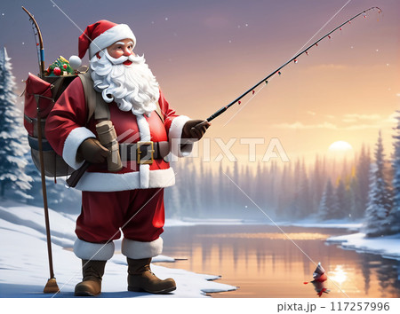 Santa Claus goes ice fishing . AI generated.  117257996