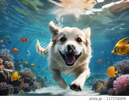 A cute dog swims underwater. Generated AI.  117258009