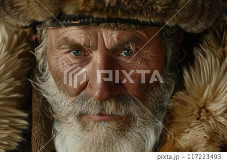 A fierce Cossack warrior stands stoically, adorned in heavy furs, showcasing a weathered face and penetrating gaze while surrounded by a wintry landscape. 117223493