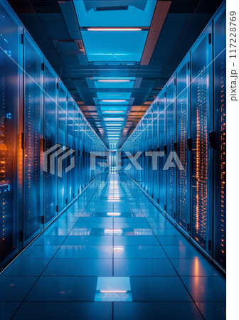 A data center with rows of servers being cooled by sophisticated climate control systems 117228769