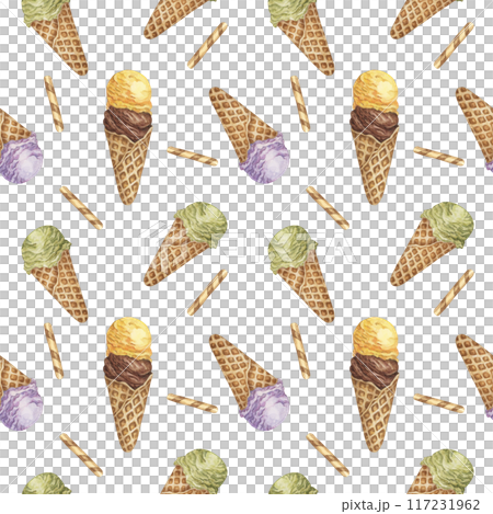 Ice cream scoops in the waffle cone seamless pattern. Lemon, chocolate, lavender, matcha flavors treat clipart Dessert watercolor print for textile, wallpaper, napkin, ice cream parlor design, covers 117231962