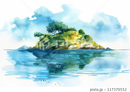 Watercolor painting of an island in the middle of the sea. 117370552