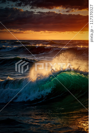 Colorful ocean wave. Sea water wave shape. Sunset light and beautiful clouds on beach background. AI Generated 117370327