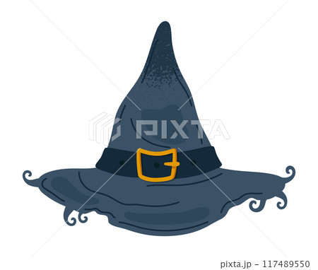 Halloween witch pointy hat. Thorn wizard hat, spooky trick or treat october party costume element flat vector illustration. Hand drawn magician hat on white 117489550