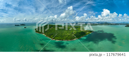 Panorama view of tropical sea at Phuket island in Thailand, Covered with tropical forests. Aerial view on the bay, Archipelago of small islands in Andaman sea 117679641