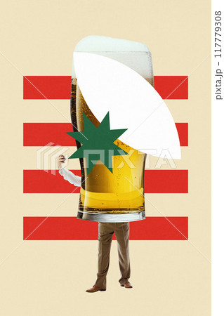 Poster. Contemporary art collage. Glass of light frothy beer with legs taking selfie against minimalist, abstract background. Concept of New year party. 117779308