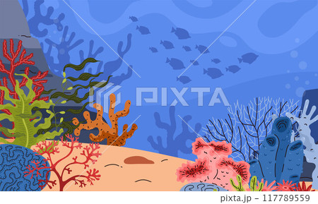 Red and green algae. Coral reef. Deep ocean bottom. Banner. 117789559