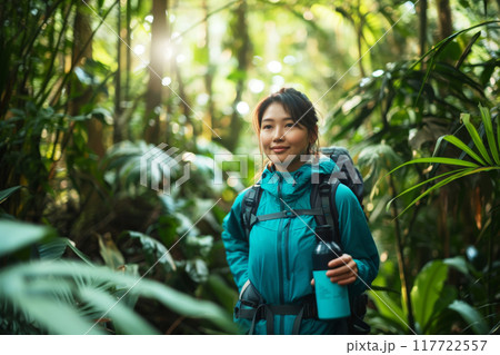 Young woman traveler dressed in a blue rain jacket hiking through a dense alone. Local single travel practices 117722557