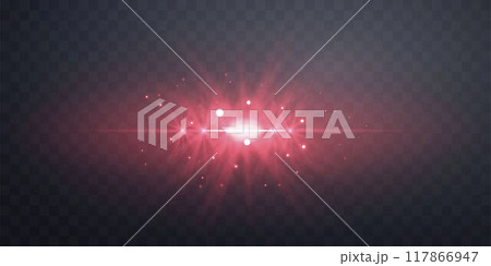 Red horizontal lensflare. Light flash with rays or spotlight and bokeh. Red glow flare light effect. Vector illustration. Isolated on dark transparent background. 117866947