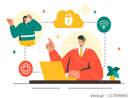 VOIP or Voice Over Internet Protocol Vector Illustration with Telephony Scheme Technology and Network Phone Call Software in Flat Background 117836663