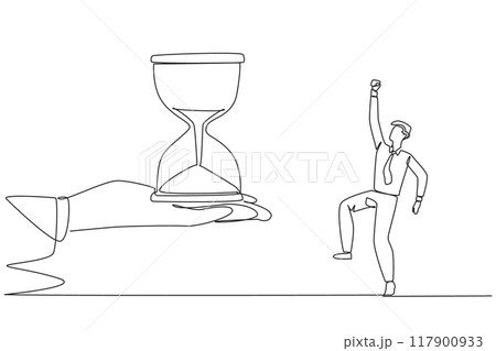 Continuous one line drawing the businessman was excited to get the hourglass from the giant hand. Concern about deadlines. Teamwork makes everything easier. Single line draw design vector illustration 117900933