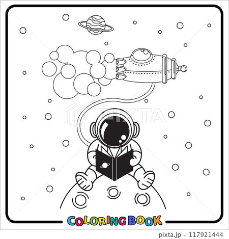 Doodle Astronaut Cartoon, coloring book , Line art, worksheet, kids 117921444