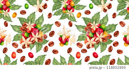 Seamless pattern of Arabica and Robusta coffee berries with grains, leaves and flowers. Watercolor and marker illustration. Hand drawn isolated wallpaper. Coffee day. Background for packaging, paper. 118052893