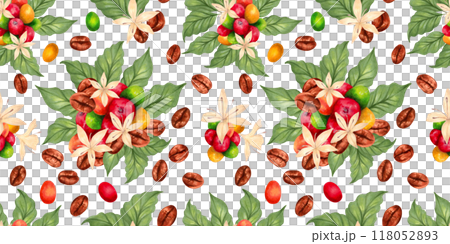 Seamless pattern of Arabica and Robusta coffee berries with grains, leaves and flowers. Watercolor and marker illustration. Hand drawn isolated wallpaper. Coffee day. Background for packaging, paper. 118052893