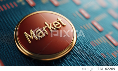 A close up of a red button with the word market on it, AI 118102269