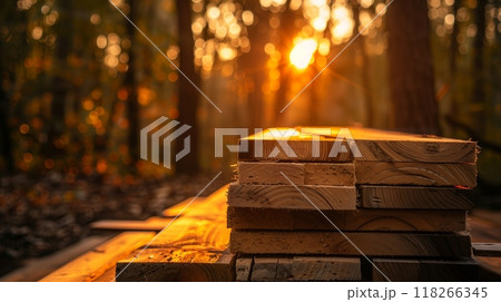 A stack of 25 rugged boards rests in a serene forest, aglow with sunset light, exuding rustic charm. 118266345