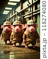 Three pigs with production uniforms work in a factory. AI Generated 118274080