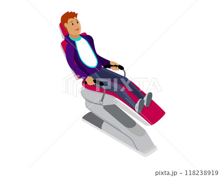 Illustration of a young man sitting in a reclining dental chair, prepared for dental treatment in a modern clinic, highlighting patient experience. 118238919