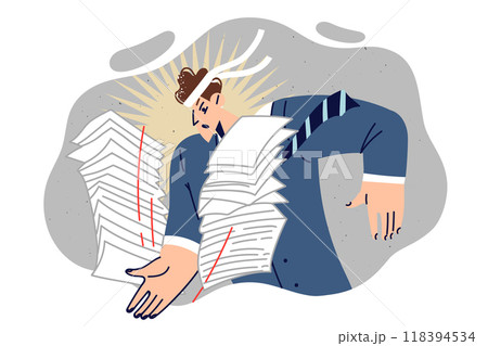 Man office employee deals with paperwork using karate and smashing stack of documents with hand 118394534