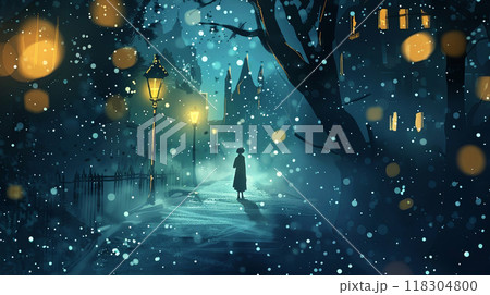 Serene night walk under enchanting streetlights and falling snow 118304800