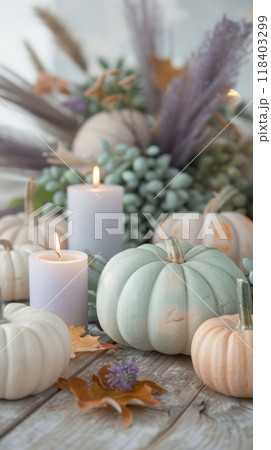 Thanksgiving decoration, pastel pumpkins, mint and lavender candles on wooden table. Vertical banner 118403299