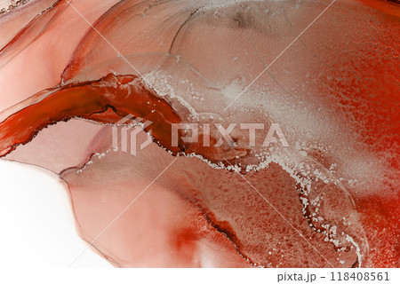 Abstract red and white fluid art pattern with smooth textures created through pouring technique in a contemporary design style 118408561