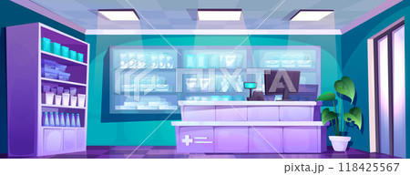 Hospital pharmacy store interior. Medical shelves 118425567