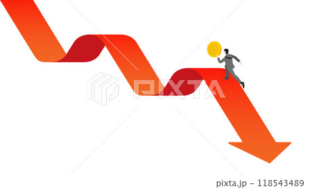 A businessman running in the opposite direction of a downward red arrow while holding a coin, investment challenges and economic decline, illustrating the need for careful financial management 118543489