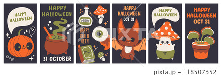 Halloween poster set. Trendy flat style and funny characters. Cute vector poster set for postcard, flyer, banner 118507352