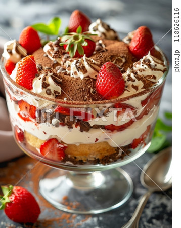 This delightful strawberry dessert features layers of sponge cake, whipped cream, and rich chocolate, topped with fresh strawberries and chocolate shavings, perfect for any occasion 118626116