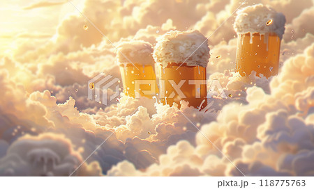 Dreamlike scene of frothy beer glasses floating in the clouds, evoking a whimsical and refreshing atmosphere 118775763