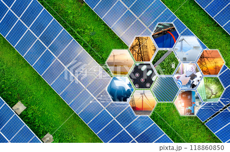 Sustainable renewable energy. Solar panels and wind turbines generate clean electricity for EV charging. Green infrastructure. SDGs and ESG goals. Innovative technology. Eco-friendly transportation. 118860850