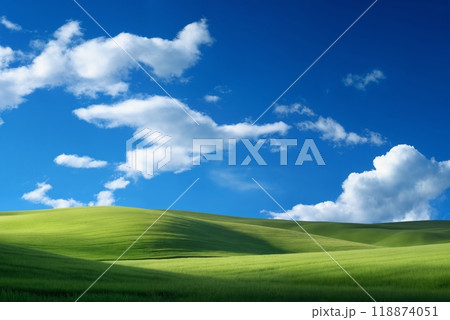 A beautiful summer or spring landscape with green grass on the hills and green fields. The blue sky is filled with white clouds and bright sunlight. Nature as a background. 118874051