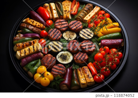 a large dish with meat and vegetables and herbs cooked on fire as a barbecue, roast in a frying pan, delicious food 118874052