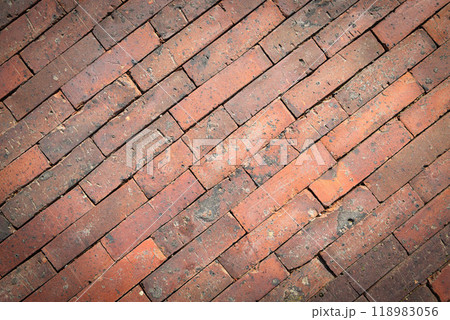 Weathered red bricks form a charming diagonal pattern on a rustic pathway in a tranquil outdoor setting 118983056